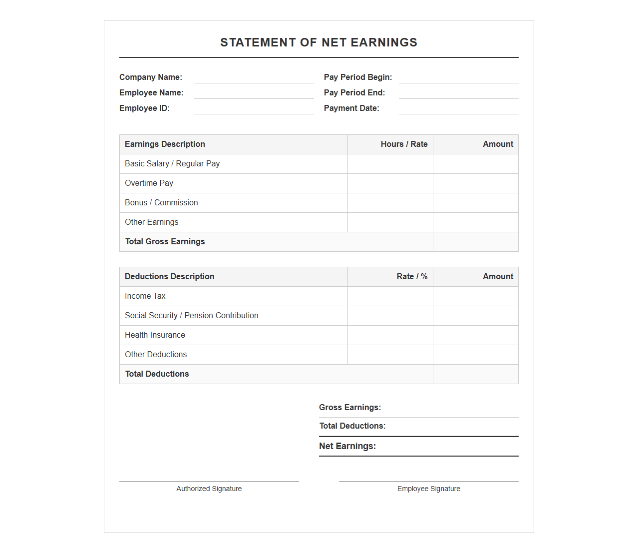 Net Earnings Statement Template