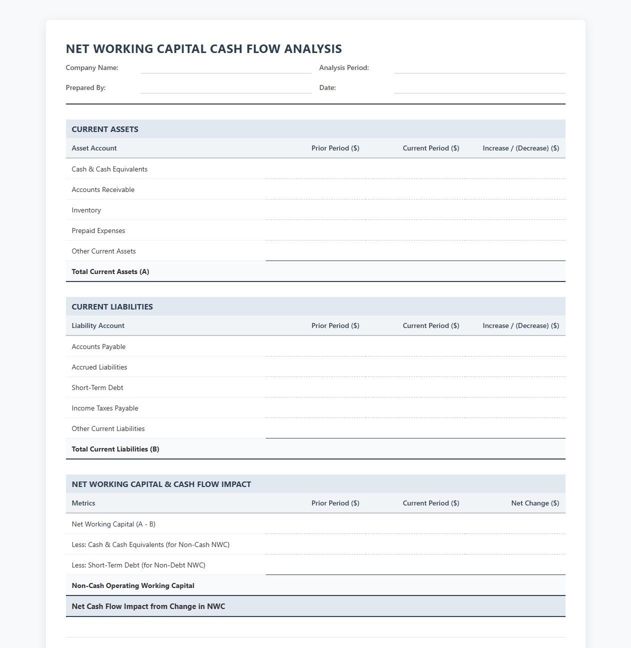 Net Working Capital Cash Flow Analysis Template