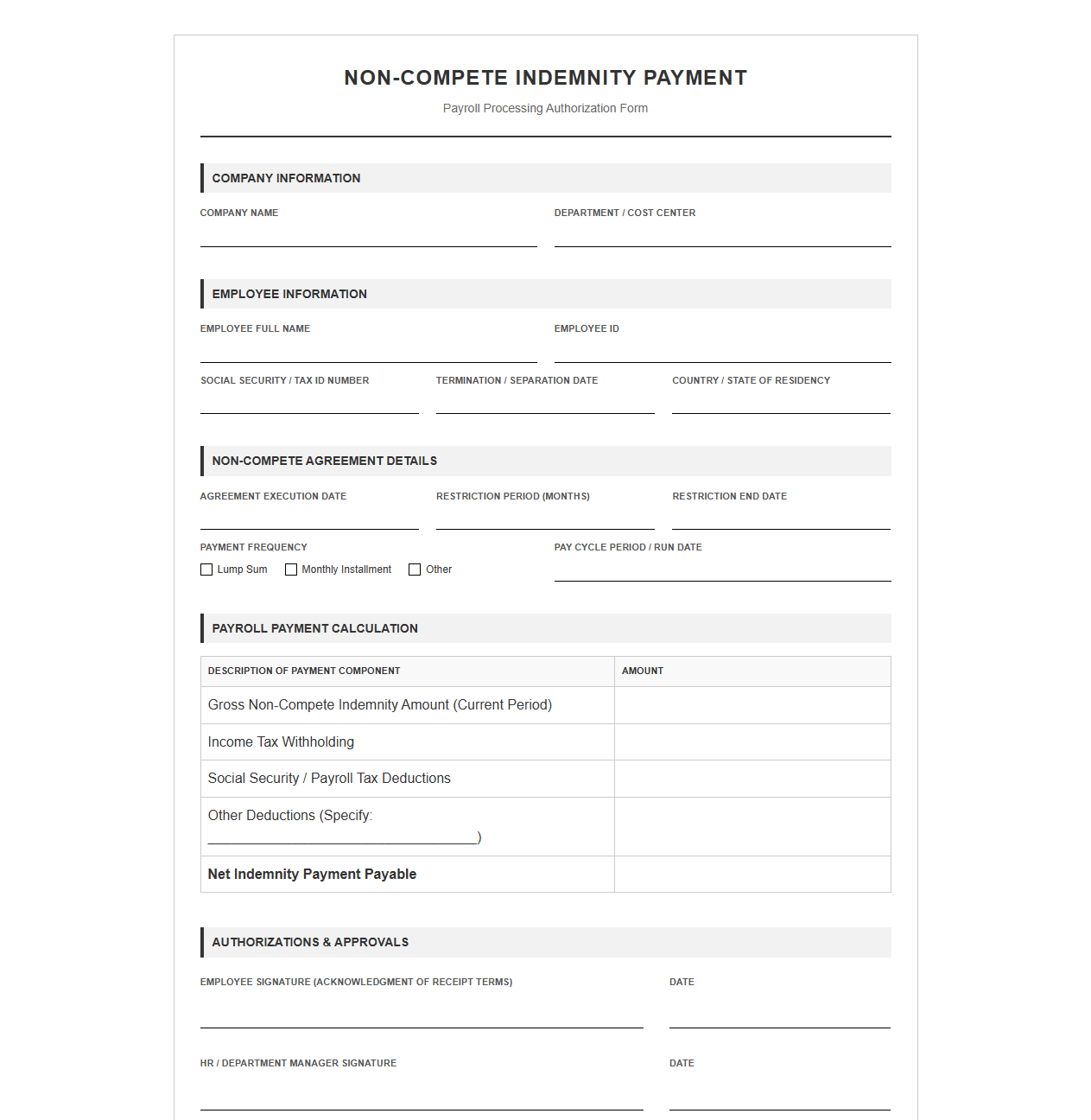 Non-Compete Indemnity Payment Payroll Form