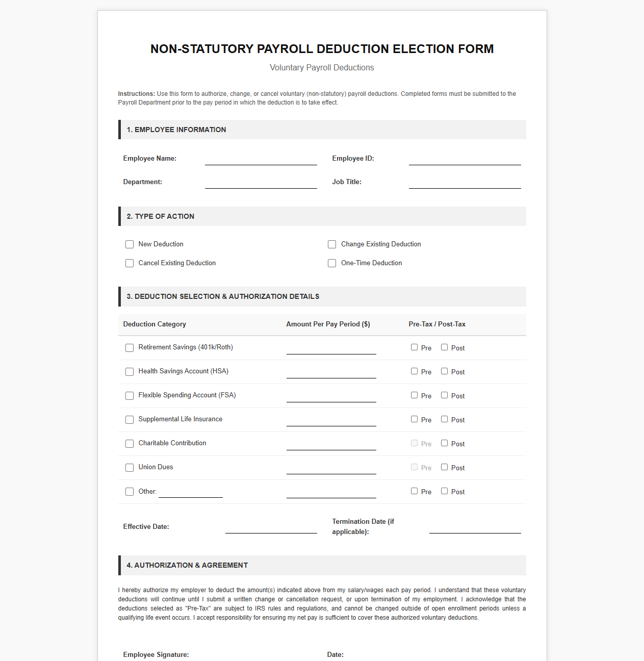 Non-Statutory Payroll Deduction Election Form