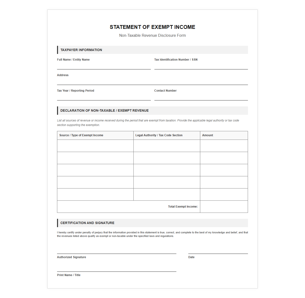 Non-Taxable Revenue Disclosure Form