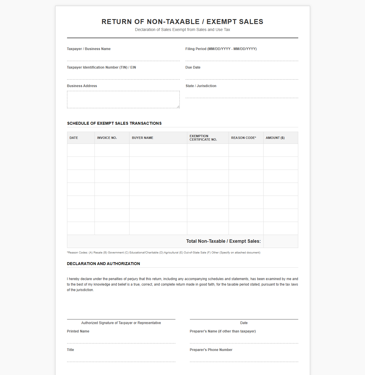 Non Taxable Sales Return Template