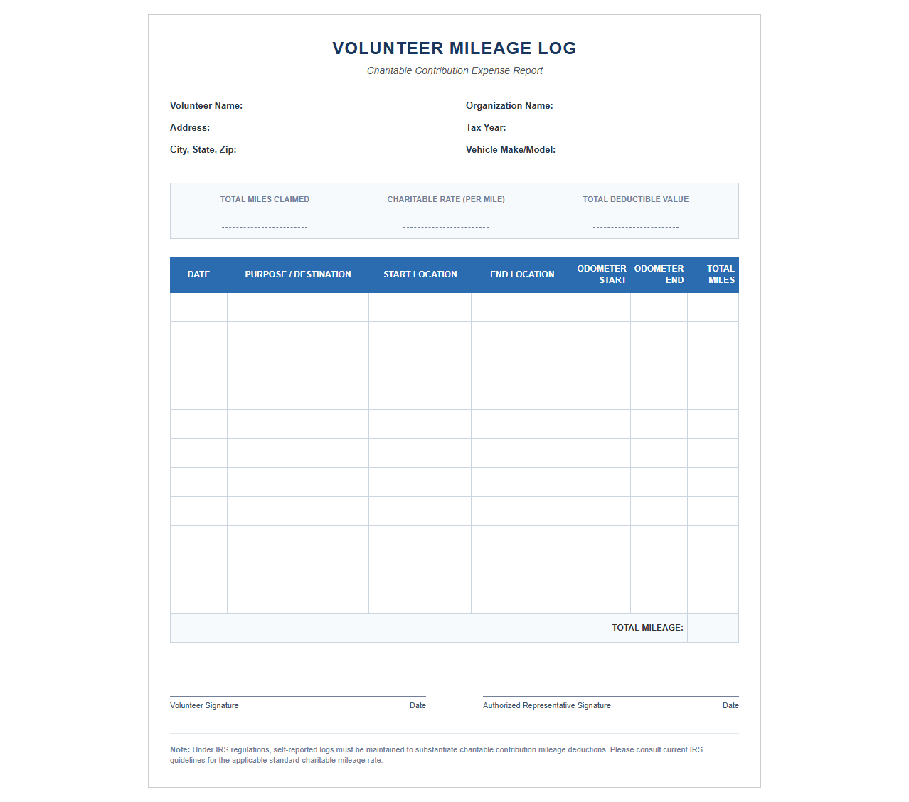 Nonprofit Volunteer Mileage Log Template
