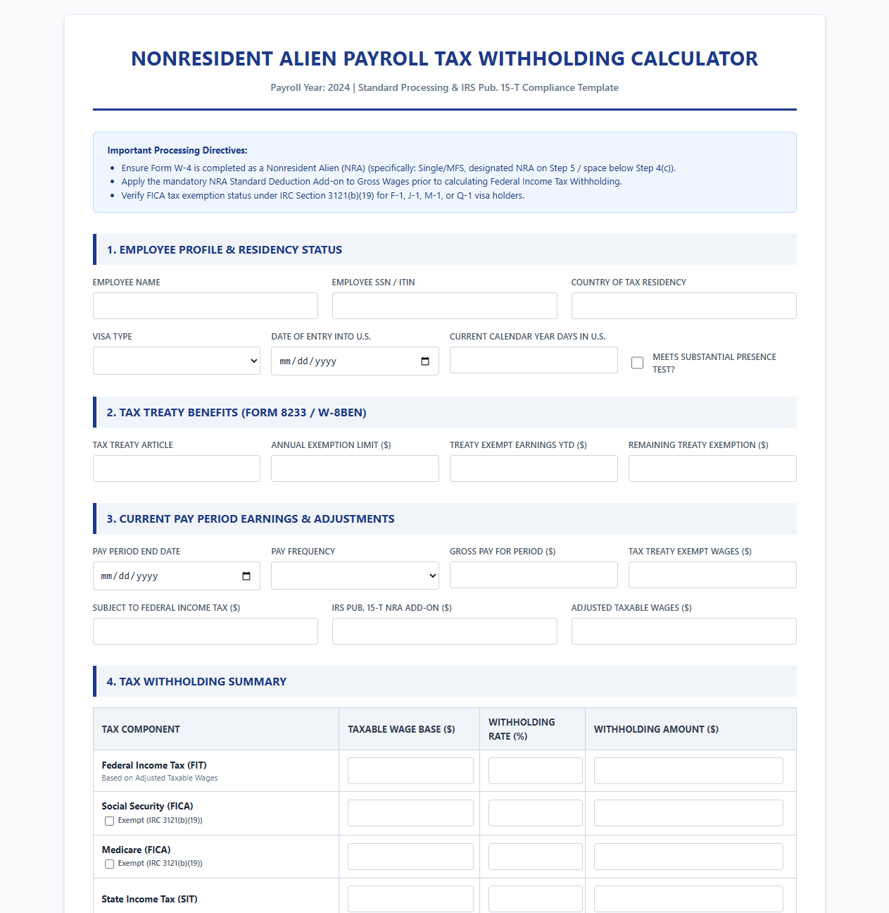 Nonresident Alien Payroll Tax Withholding Calculator