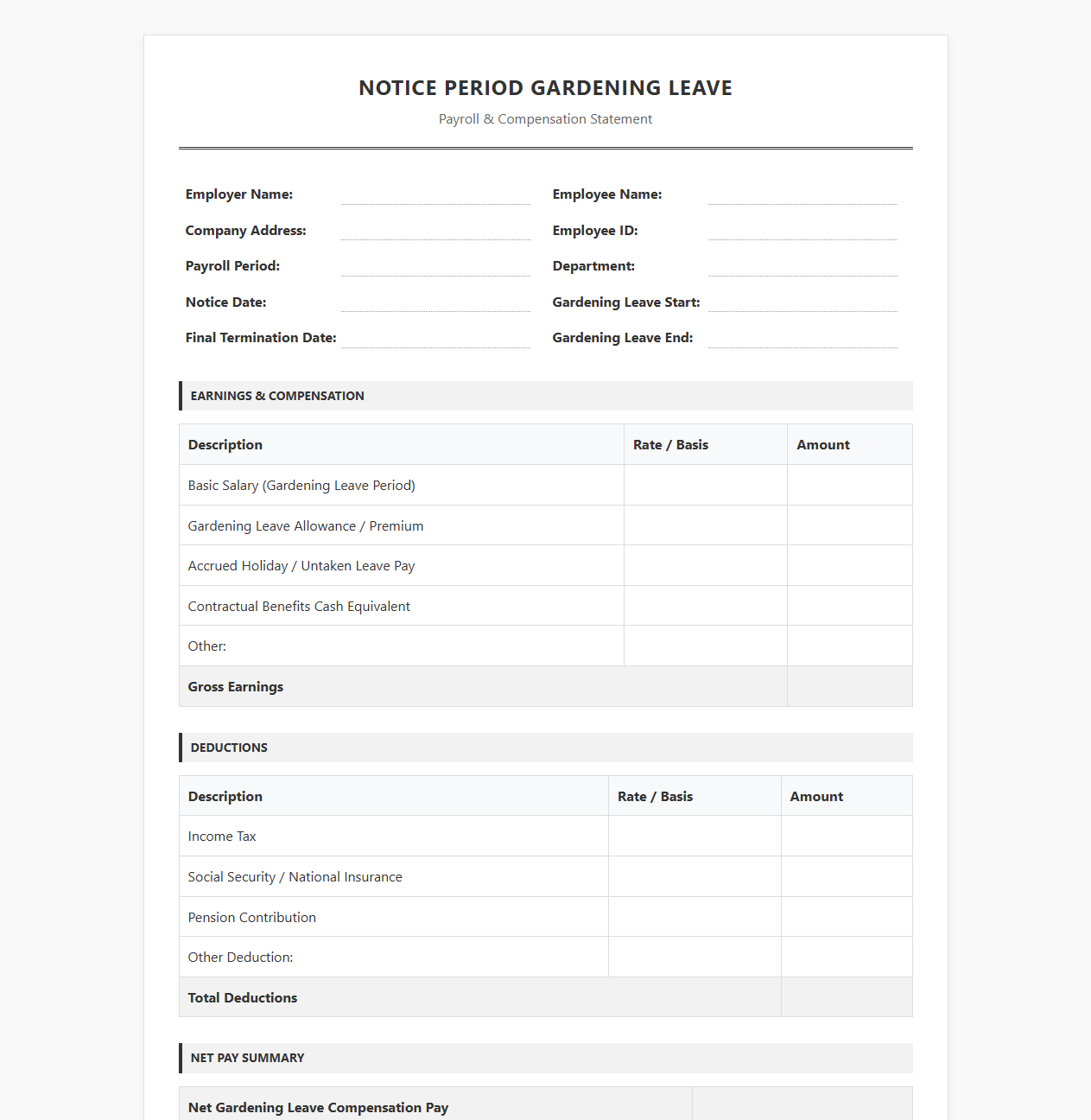 Notice Period Gardening Leave Payroll Template