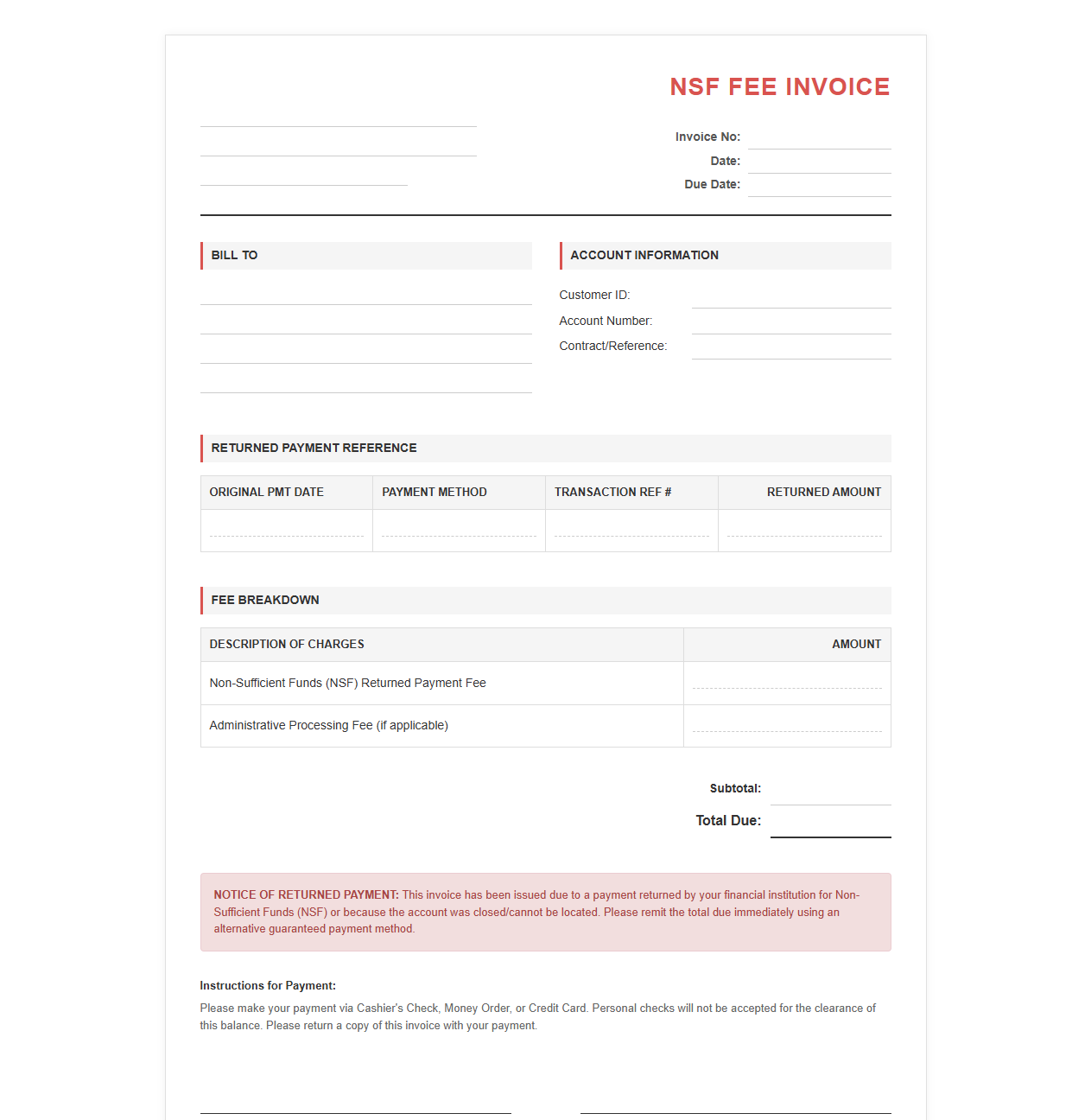 NSF Returned Payment Fee Invoice Template
