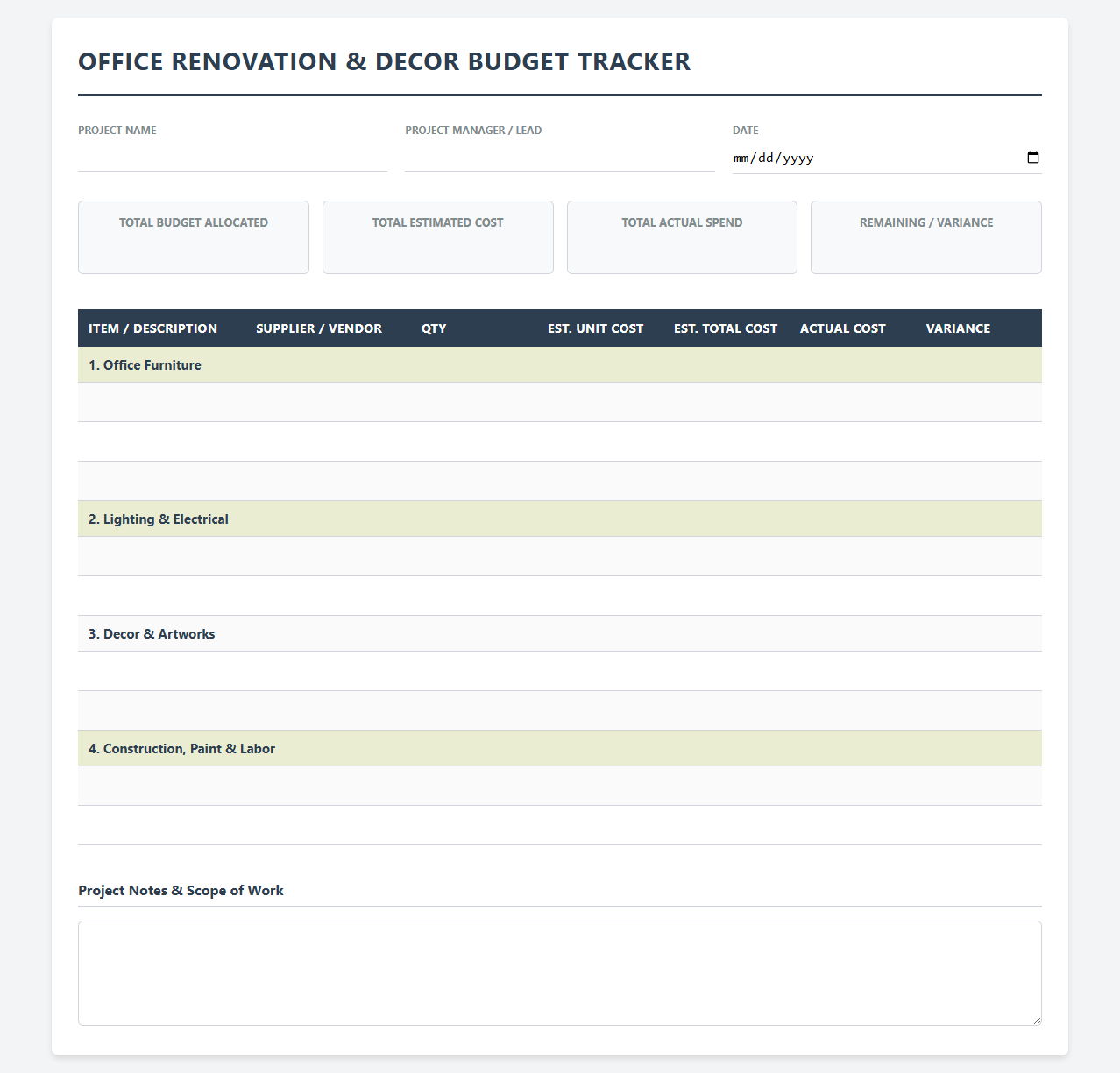 Office Renovation and Decor Budget Tracker