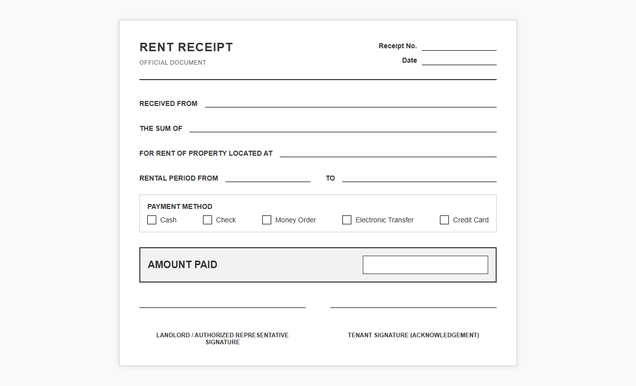 Official Landlord Tenant Rent Receipt