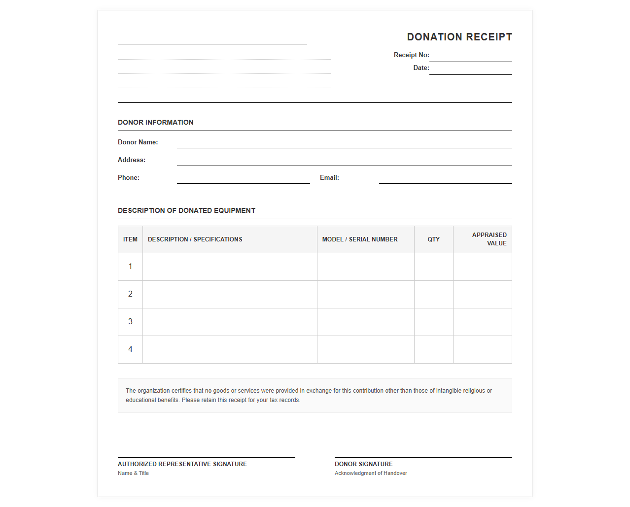 Official Receipt for Donated Equipment