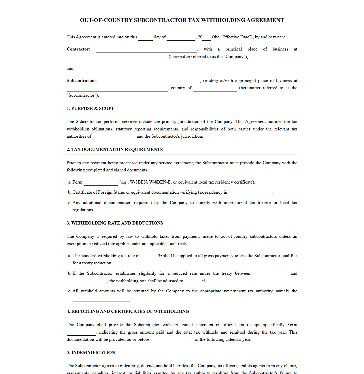 Out-of-Country Subcontractor Tax Withholding Template