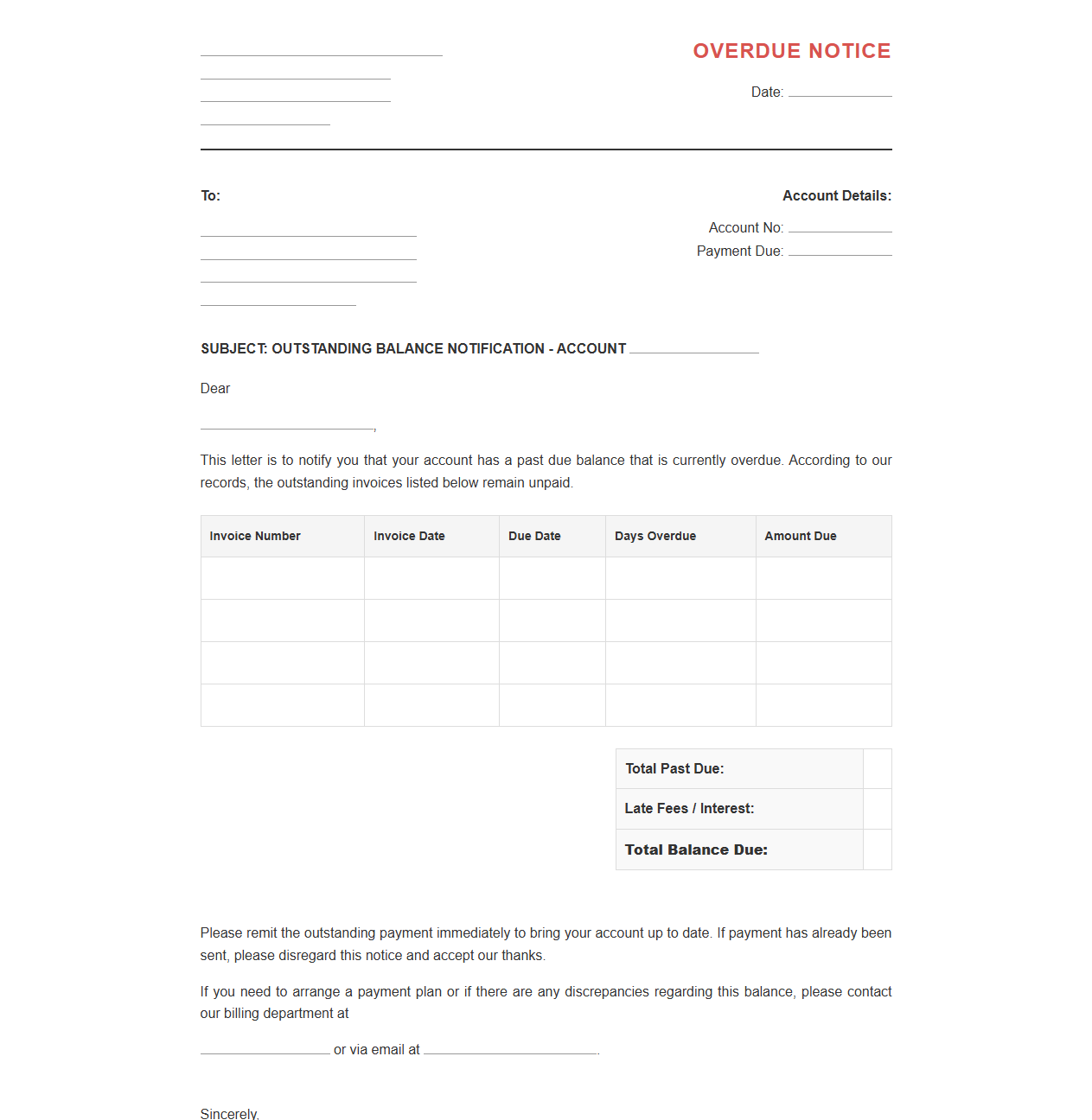 Overdue Account Balance Notification Letter