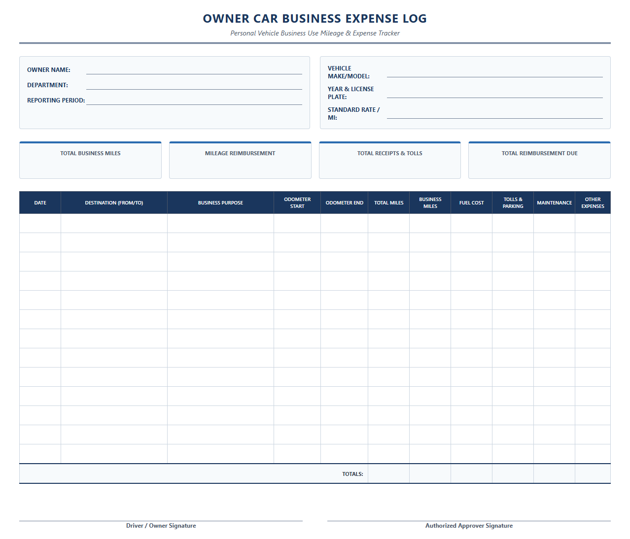 Owner Car Business Expense Log Spreadsheet