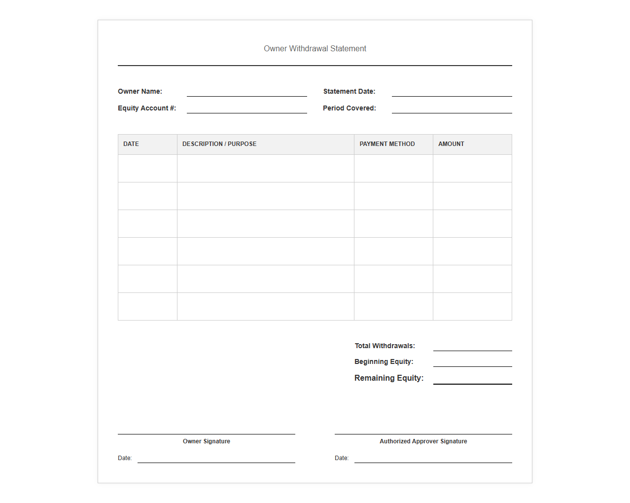 Owner Withdrawal Statement Template