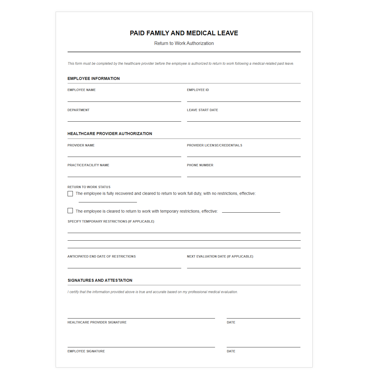 Paid Leave Return to Work Authorization Template