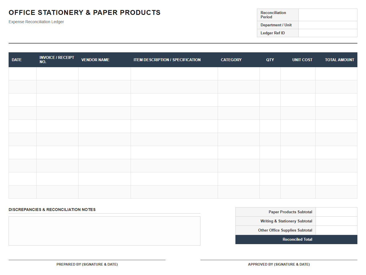 Paper Products and Stationery Expense Reconciliation Ledger