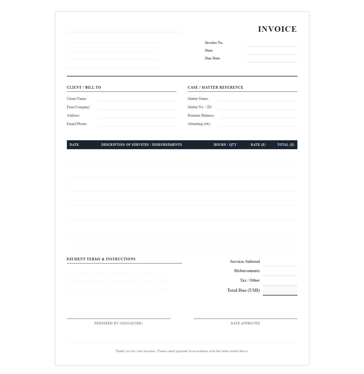 Paralegal and Legal Assistant Services Invoice