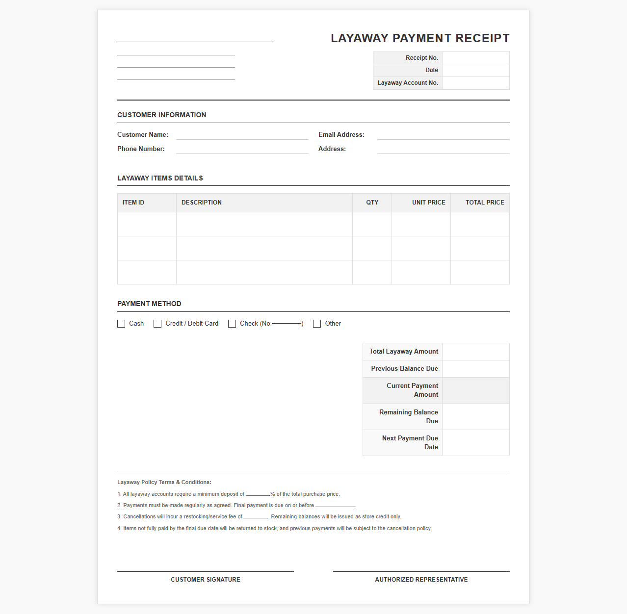 Partial Payment Receipt for Layaway Items