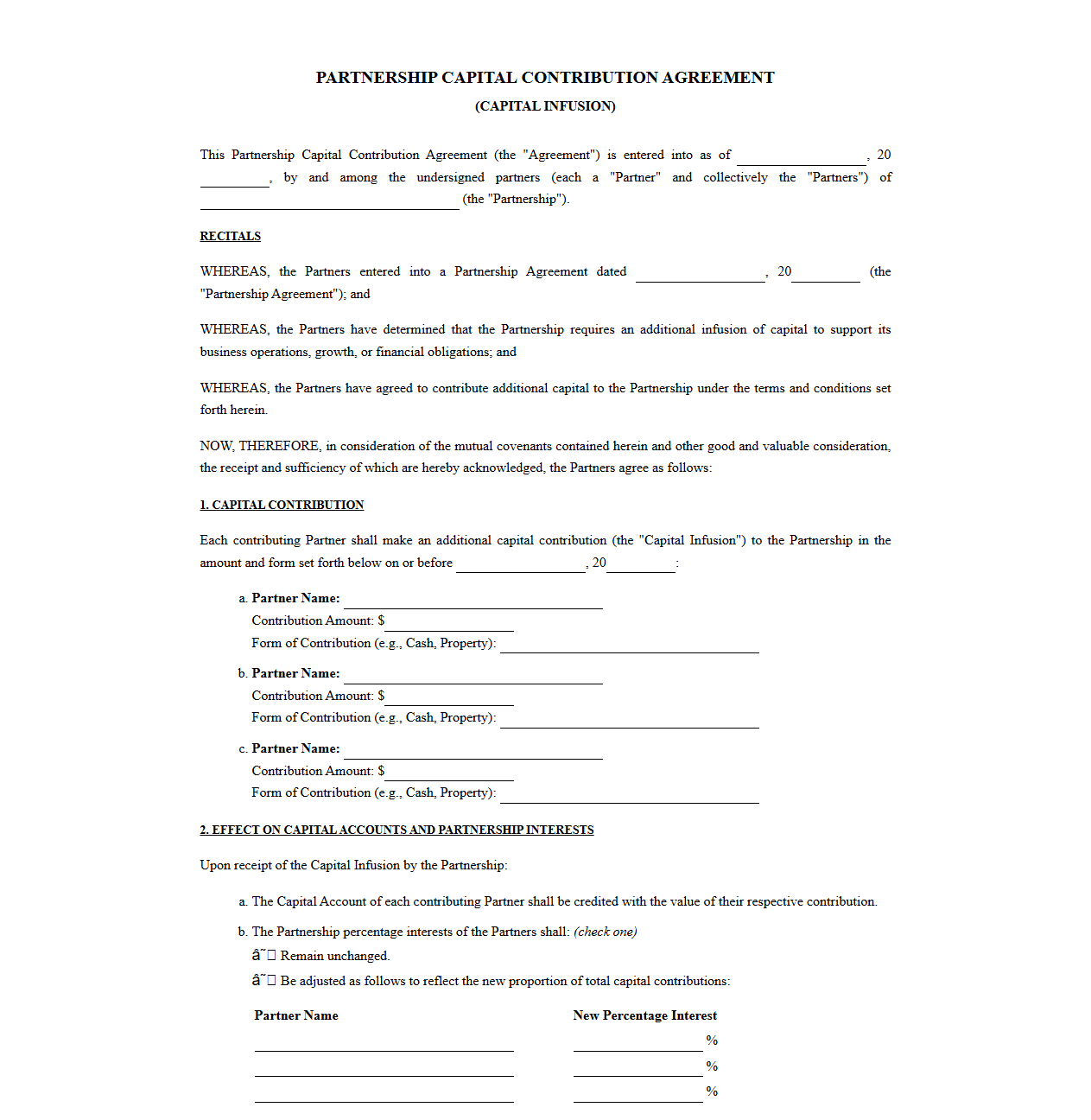 Partner Capital Infusion Agreement Template