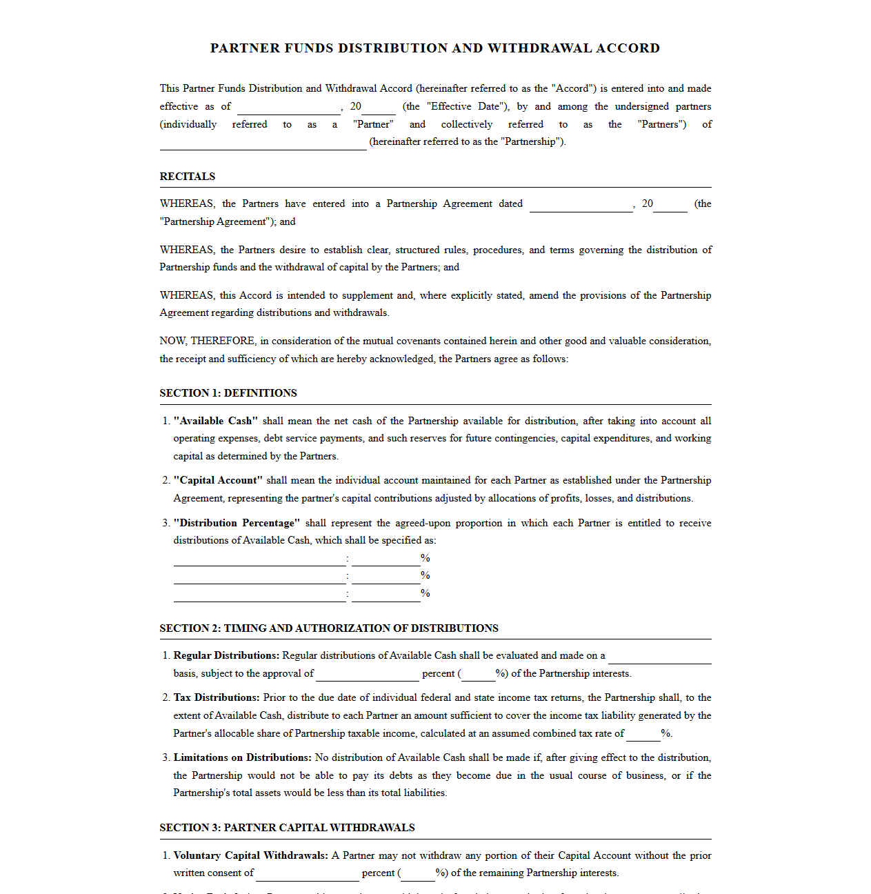 Partner Funds Distribution and Withdrawal Accord