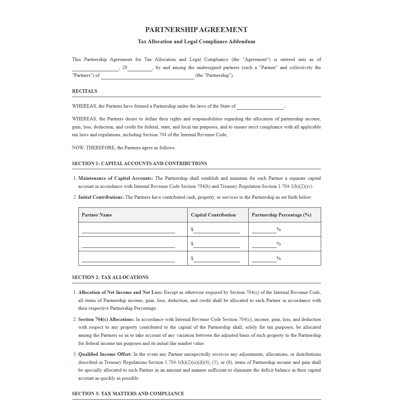 Partnership Agreement for Tax Allocation and Legal Compliance
