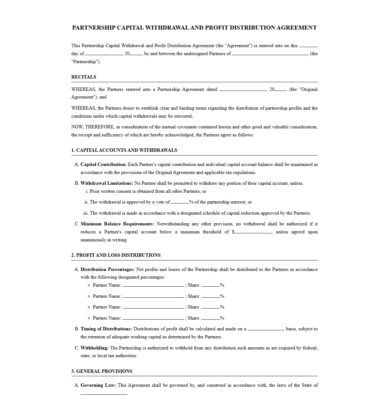 Partnership Capital Withdrawal and Profit Distribution Contract
