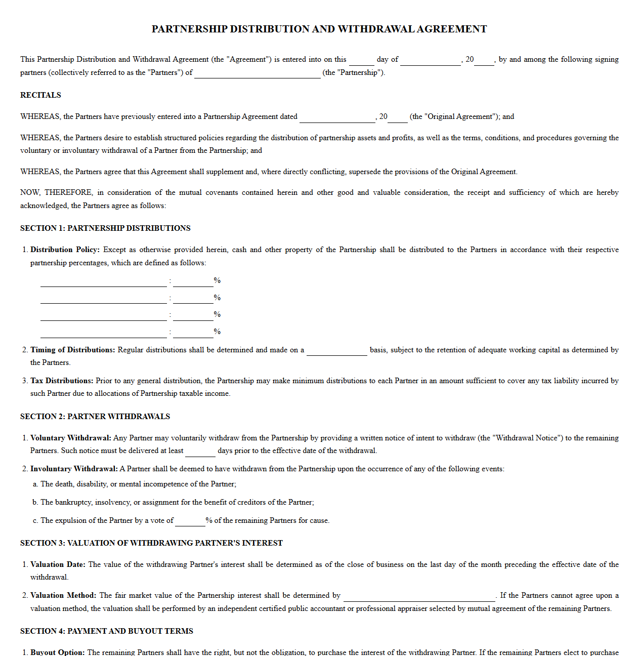 Partnership Distribution and Withdrawal Agreement Template