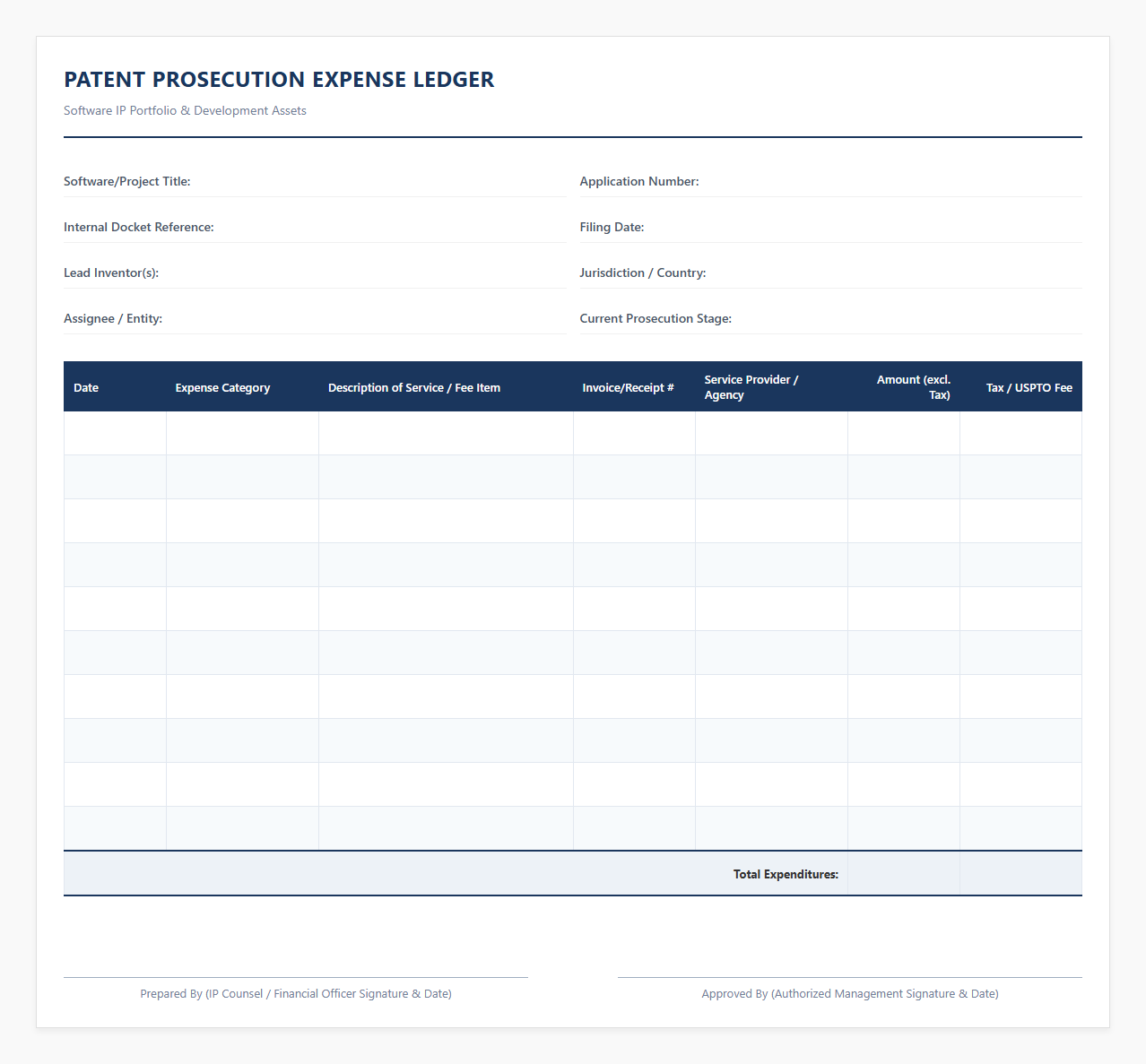 Patent Prosecution Expense Ledger for Software