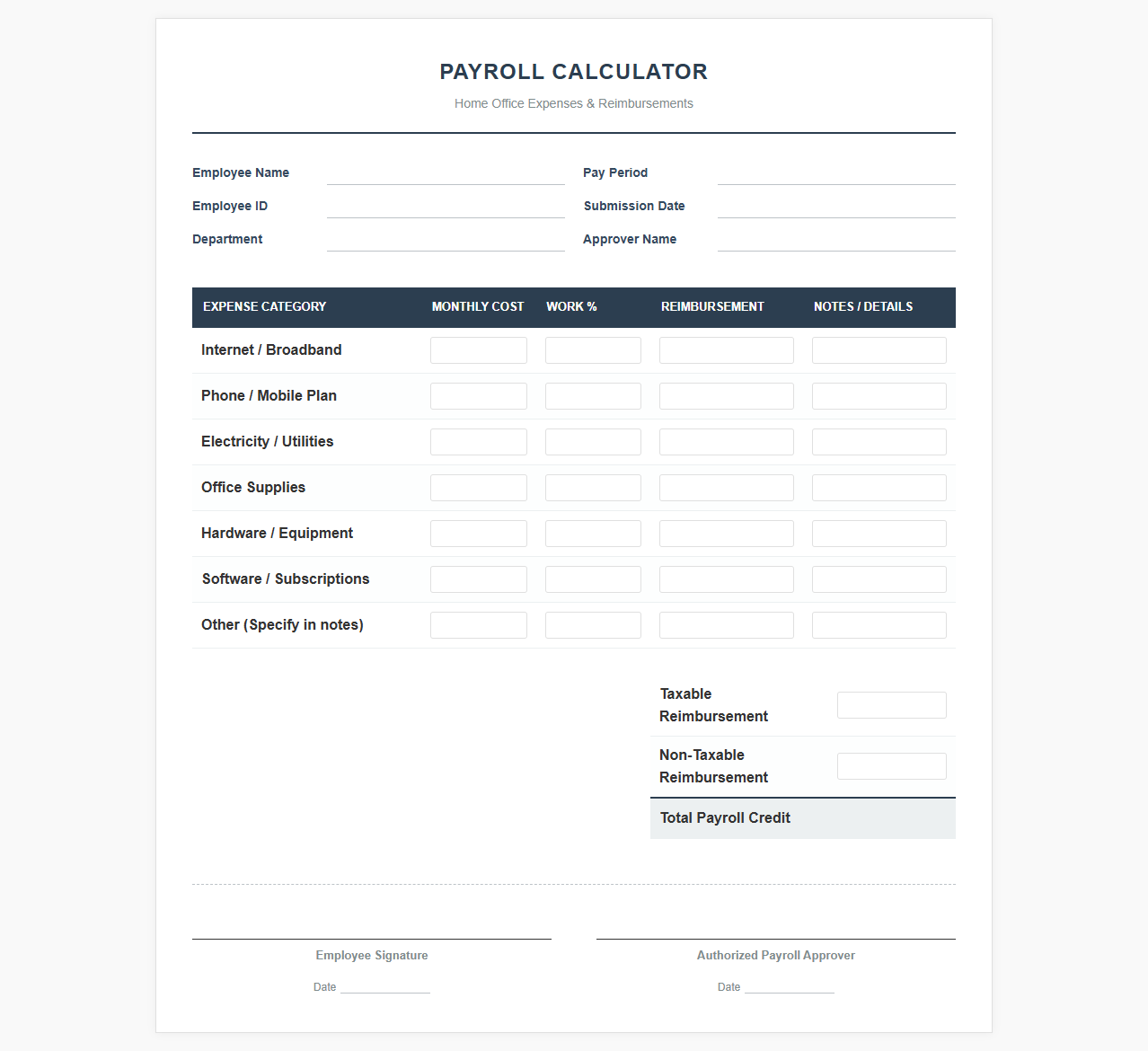 Payroll Calculator for Home Office Reimbursements