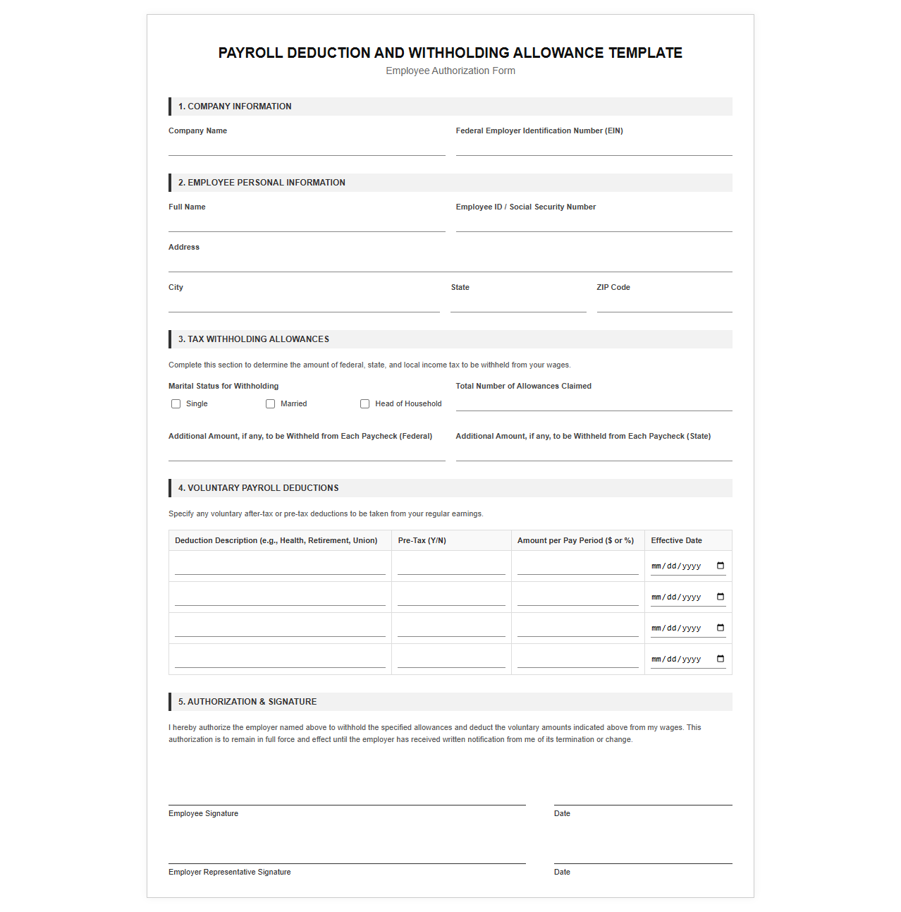 Payroll Deduction and Withholding Allowance Template