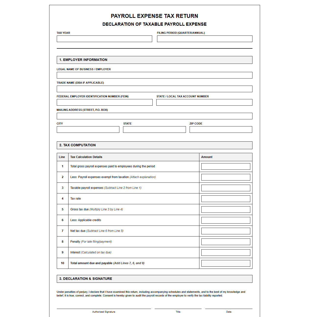 Payroll Expense Tax Declaration Return Template