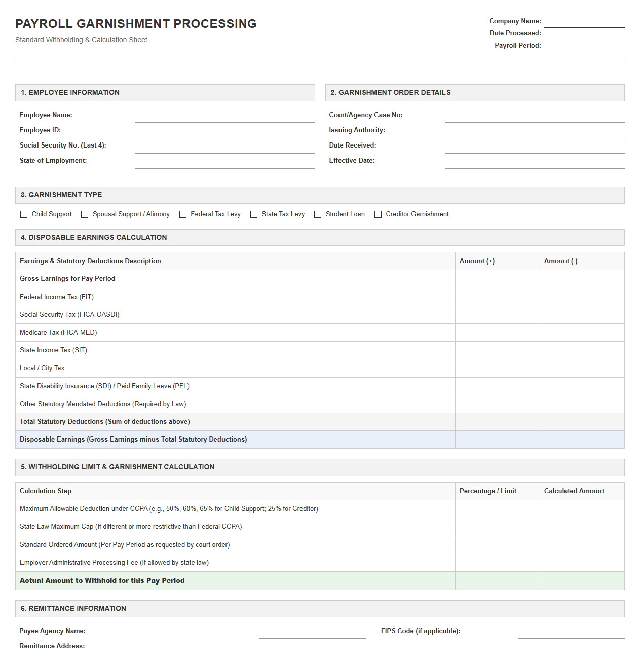 Payroll Garnishment Processing Template