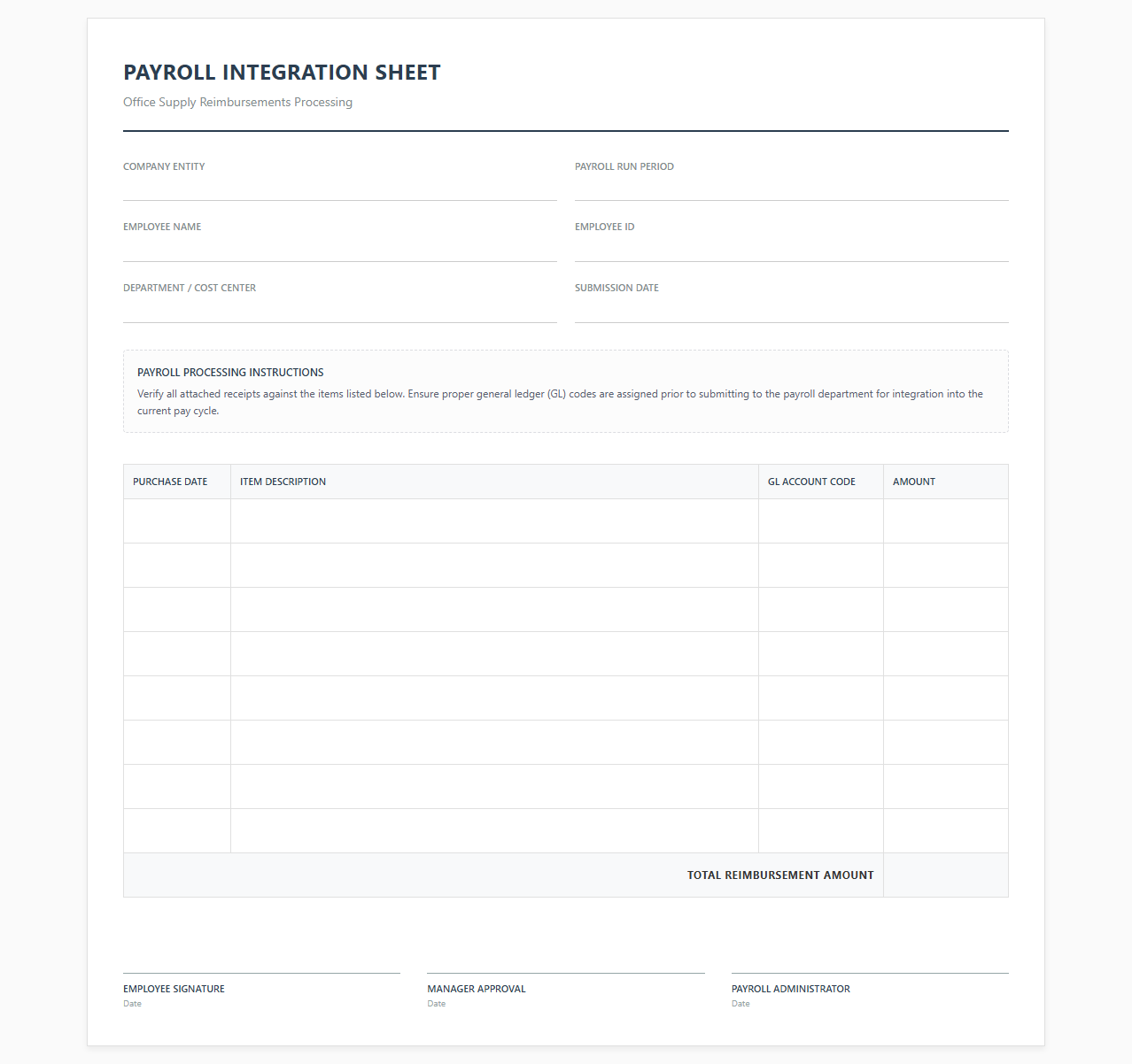 Payroll Integration Sheet for Office Supply Reimbursements