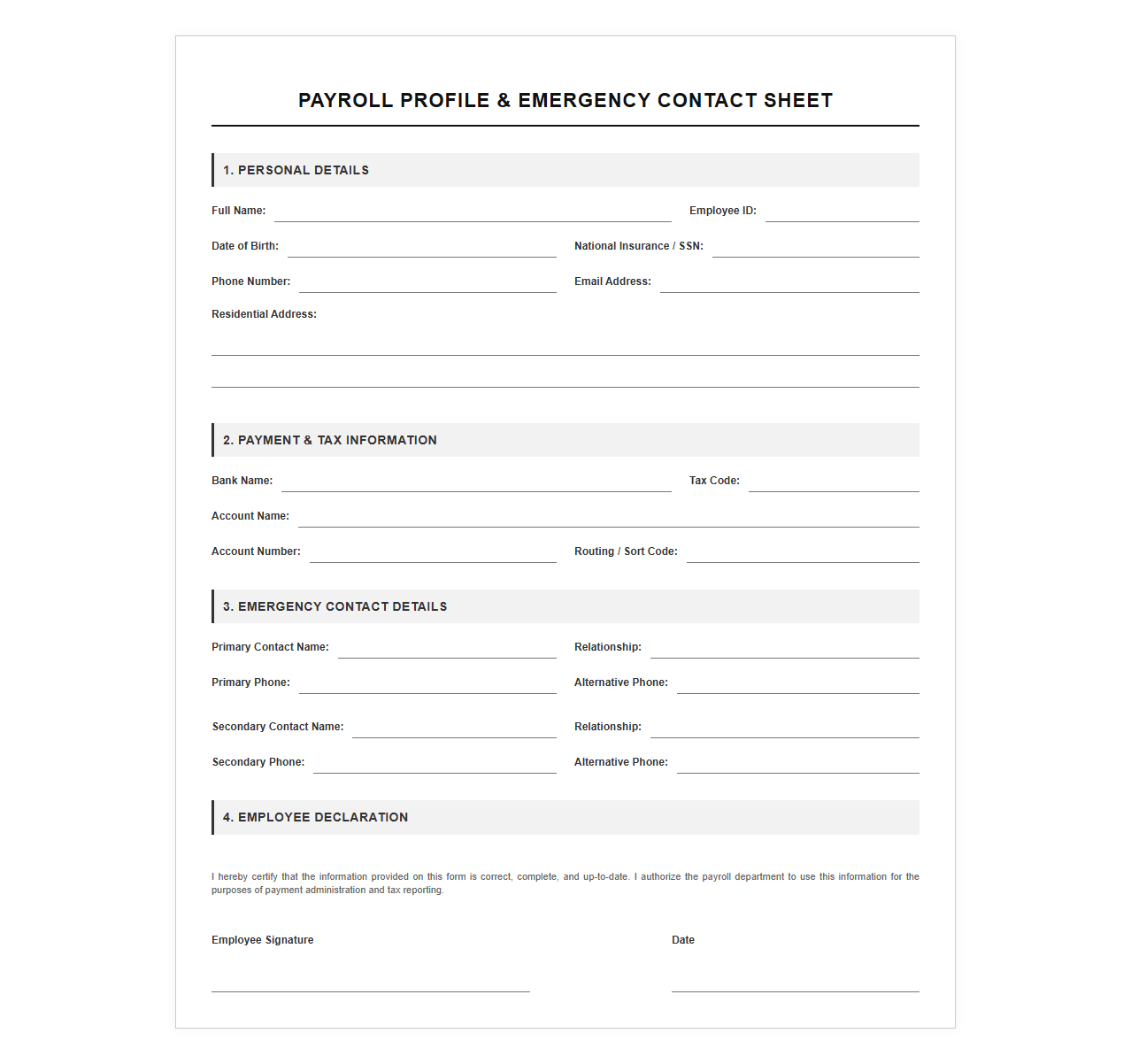 Payroll Profile and Emergency Contact Sheet