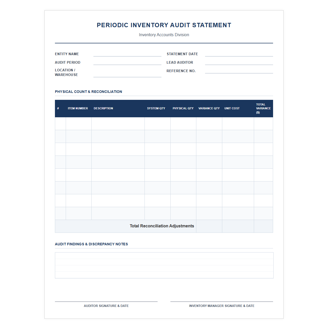 Periodic Inventory Audit Statement Template