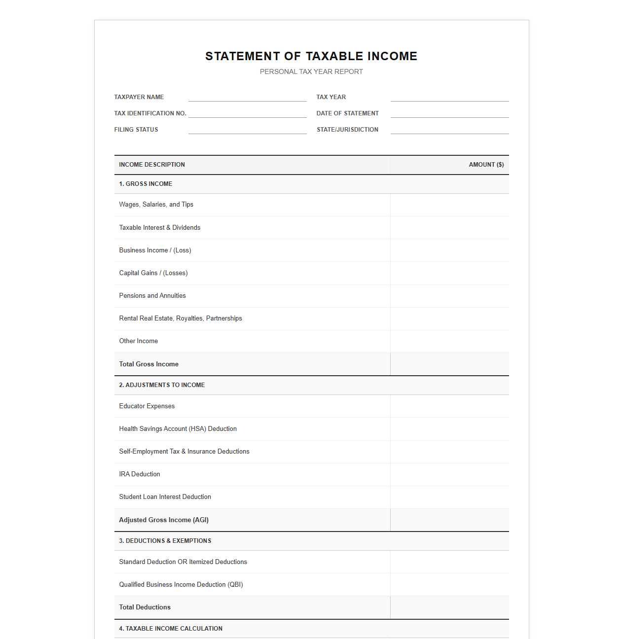 Personal Taxable Income Report Template