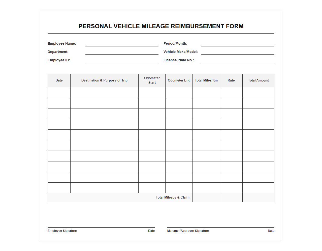 Personal Vehicle Mileage Reimbursement Form