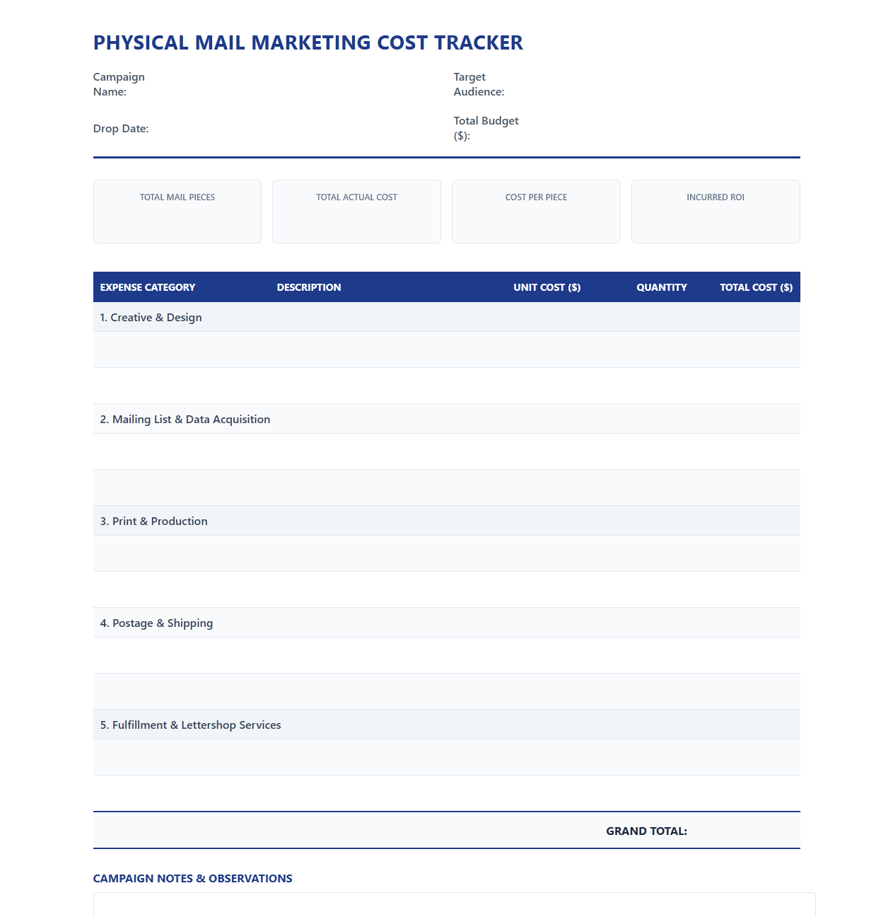 Physical Mail Marketing Cost Tracker