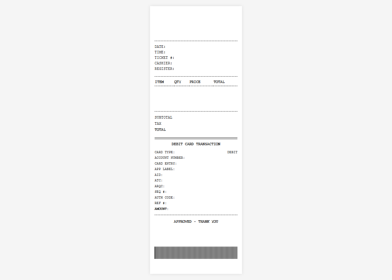 Point of Sale Debit Card Receipt Layout