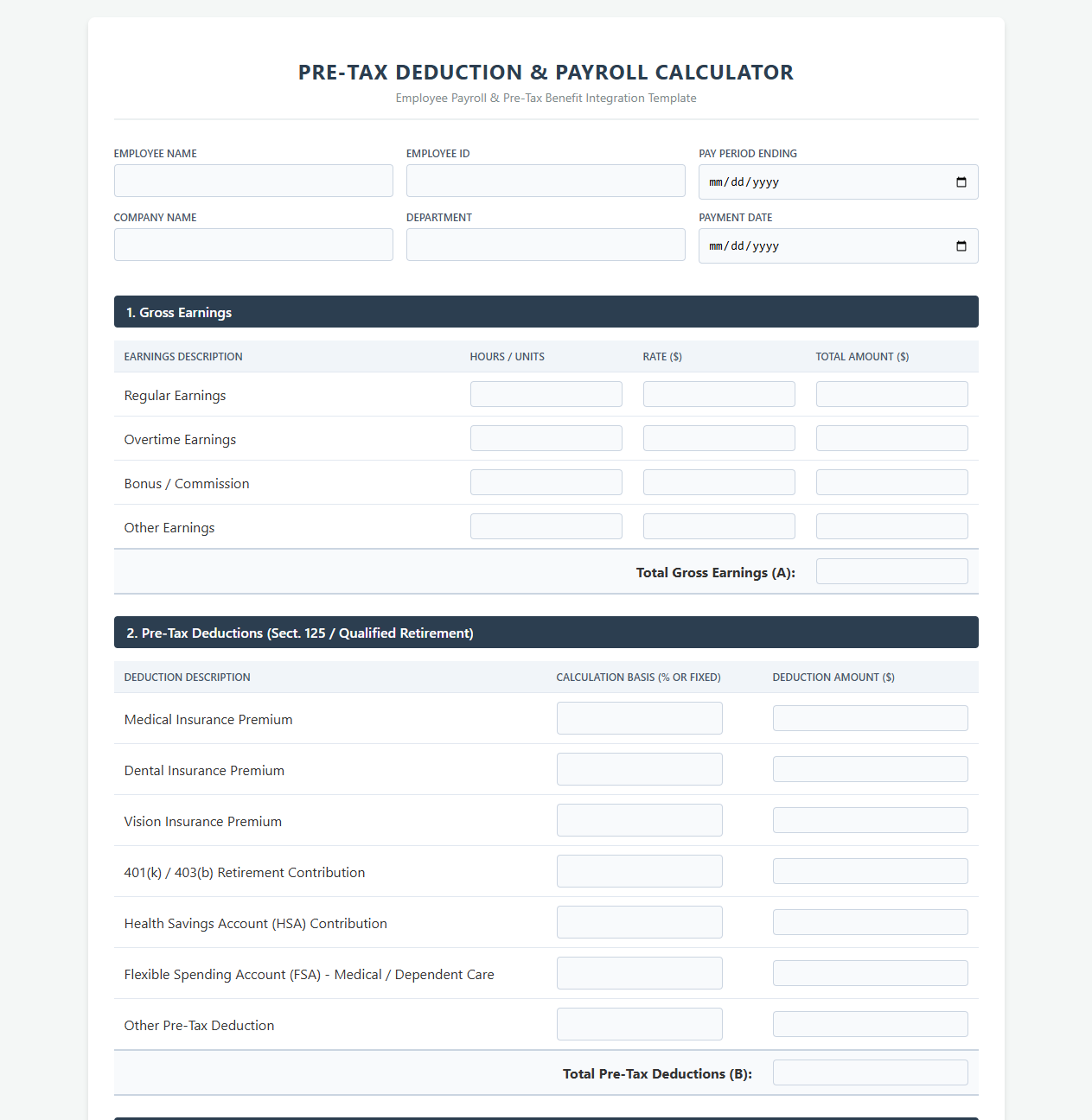 Pre-Tax Deduction Calculator and Payroll Template