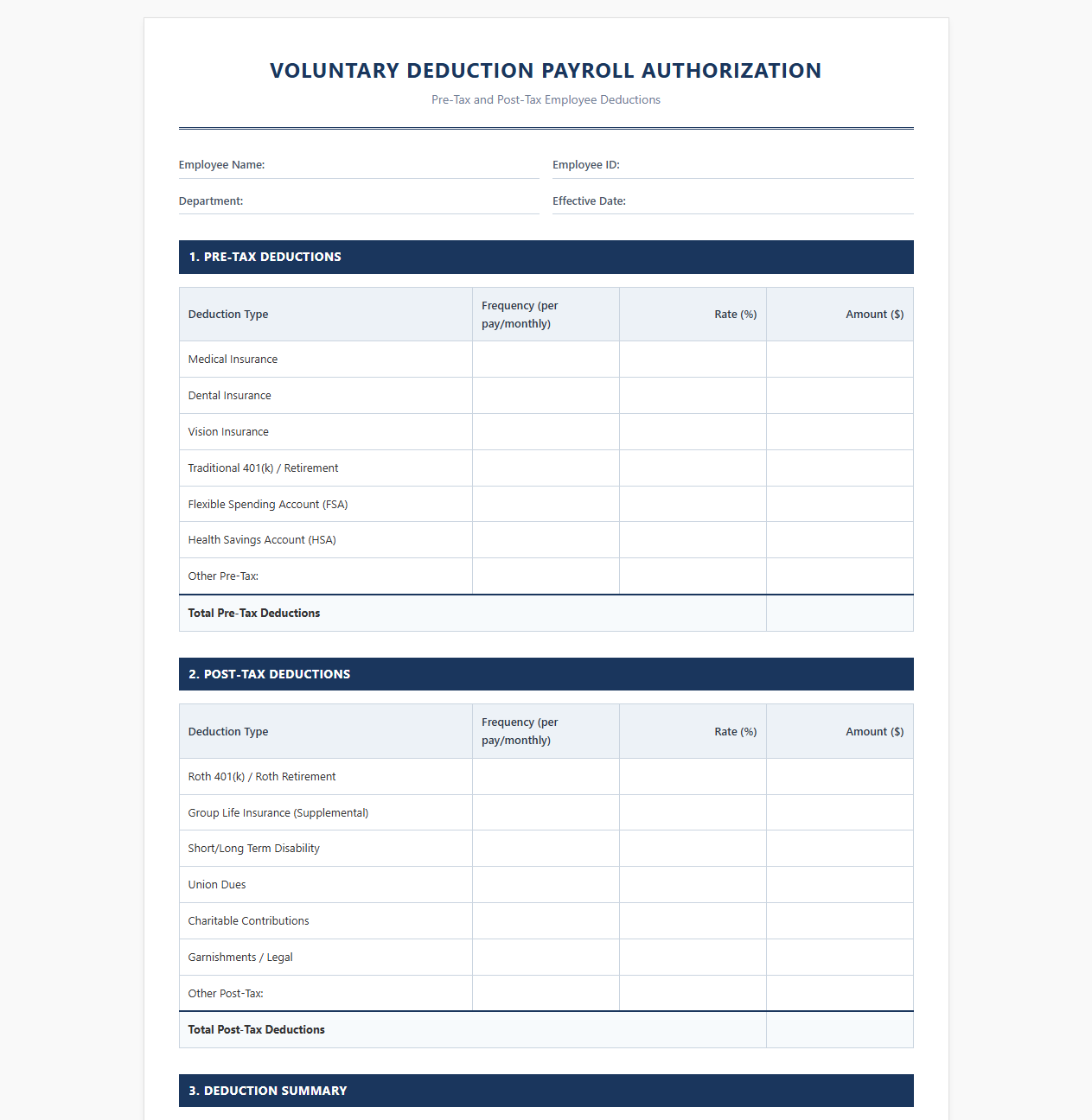 Pre-Tax and Post-Tax Deduction Payroll Template