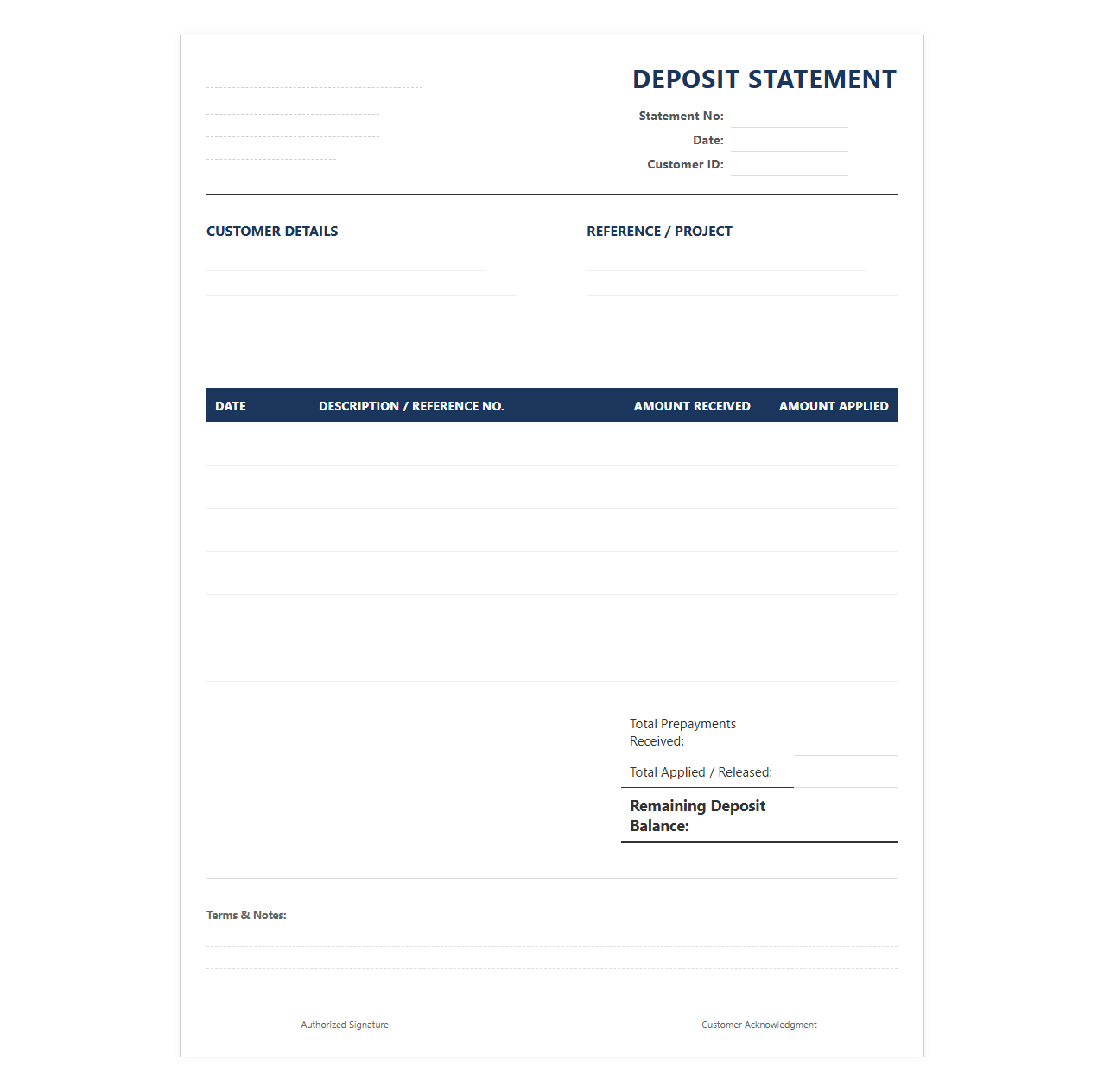 Prepayment and Deposit Statement Template