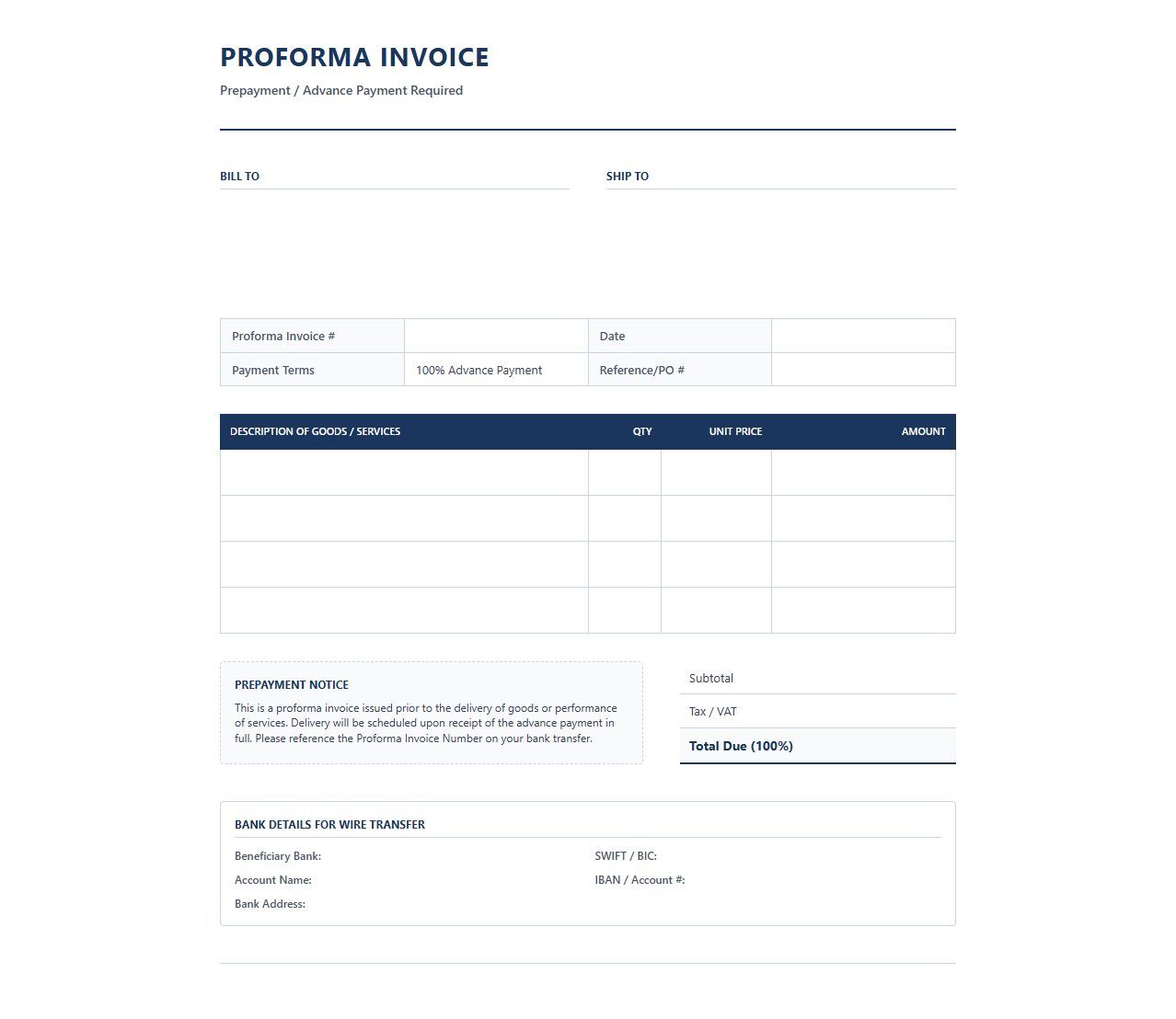 Prepayment Proforma Invoice Template