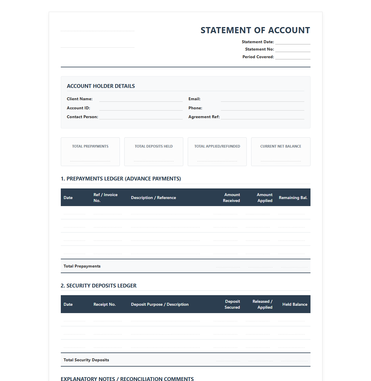 Prepayment and Security Deposit Accounting Template