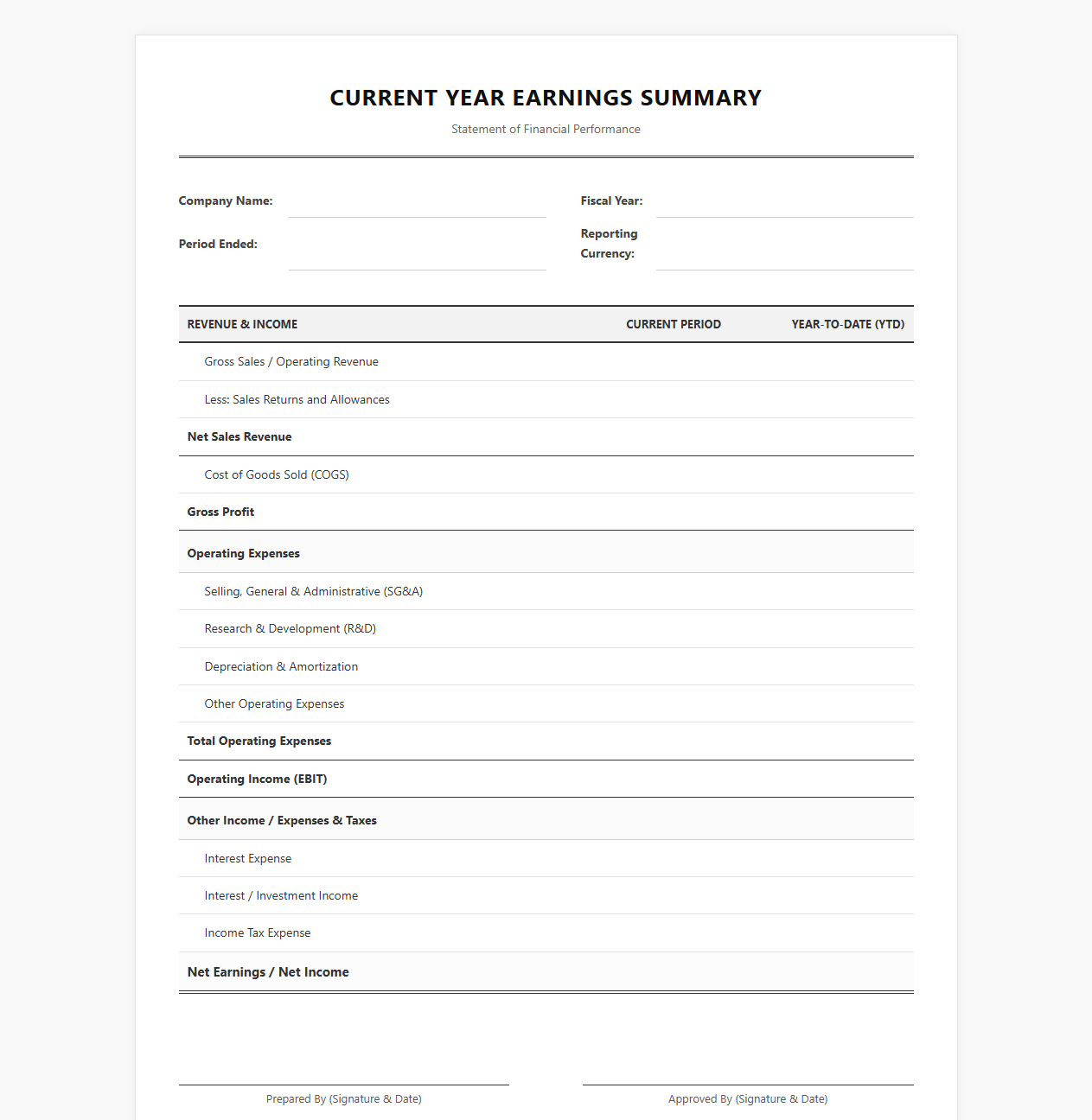 Present Year Earnings Summary Template