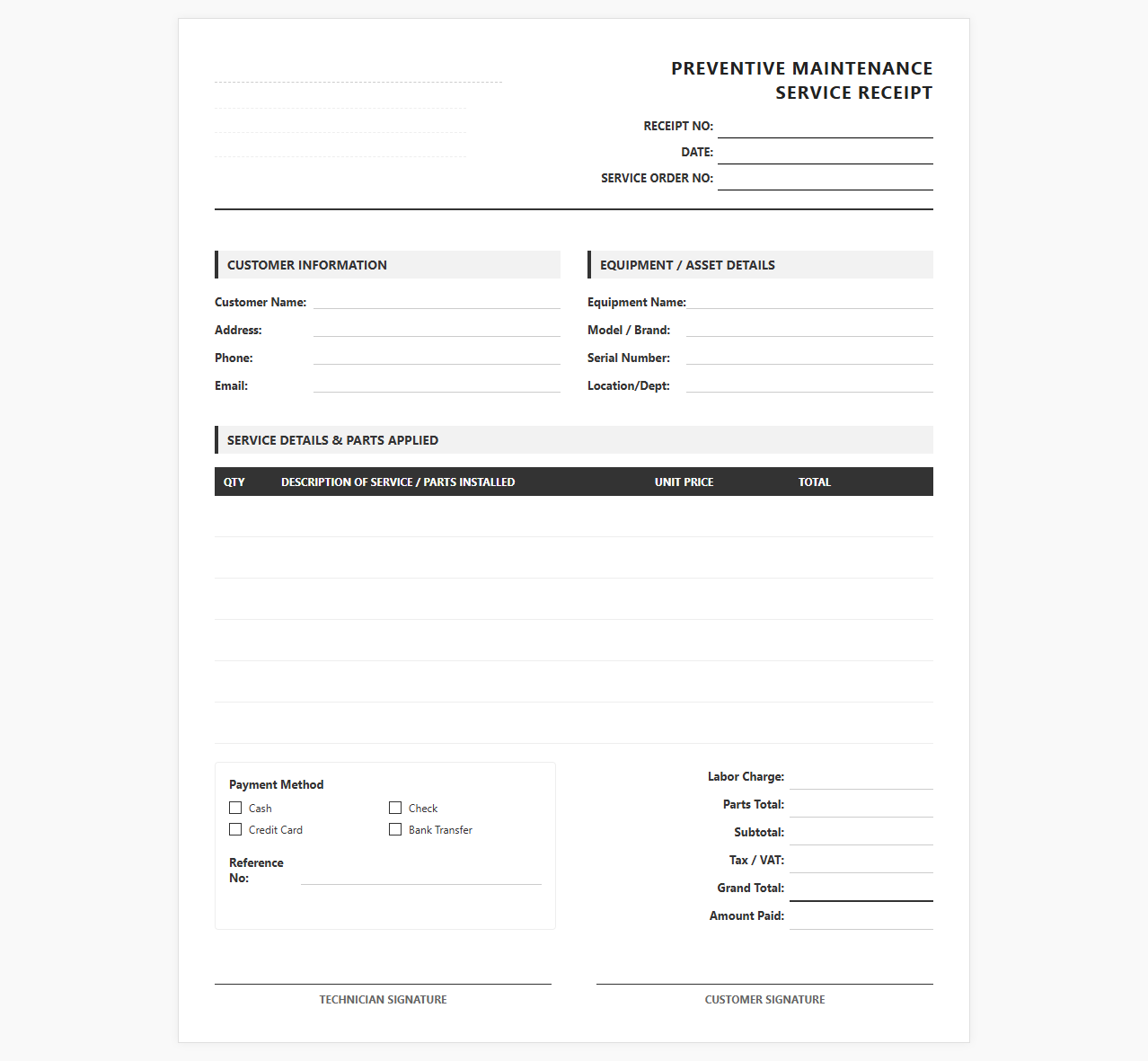 Preventive Maintenance Service Receipt