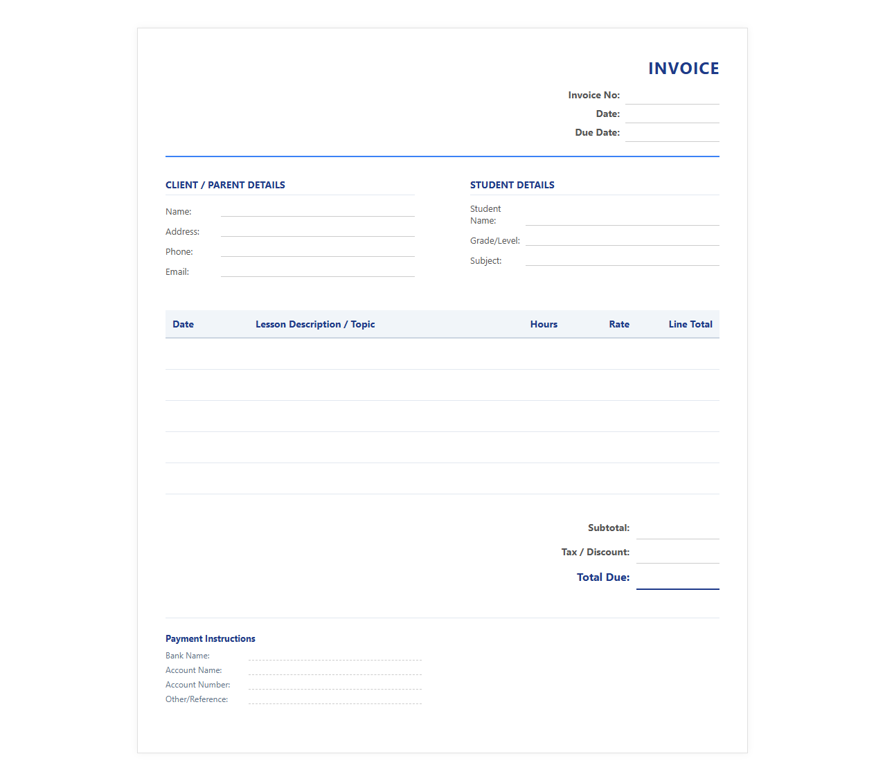 Private Tutoring Service Invoice Template