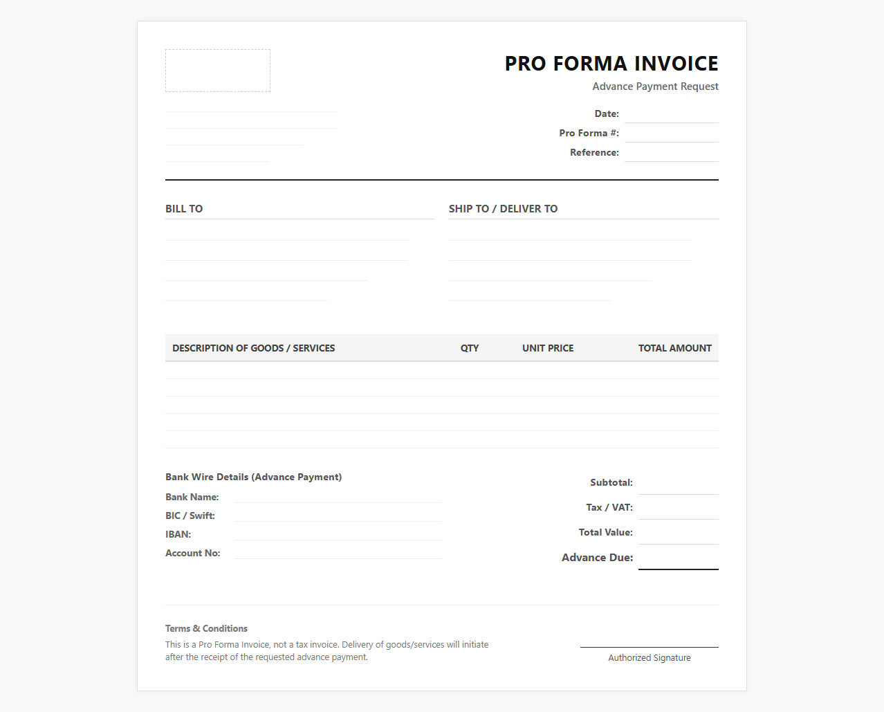 Pro Forma Billing Statement for Advance Payment