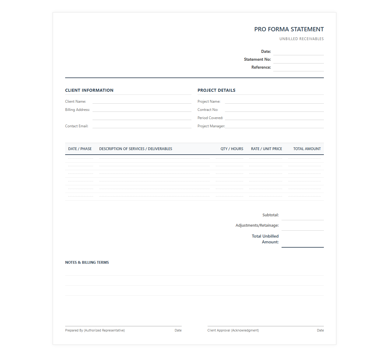 Pro Forma Unbilled Receivables Template