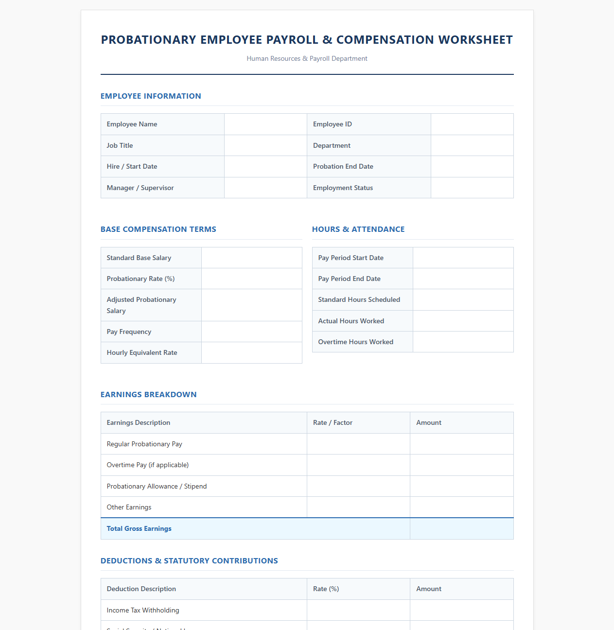 Probationary Employee Payroll and Compensation Worksheet