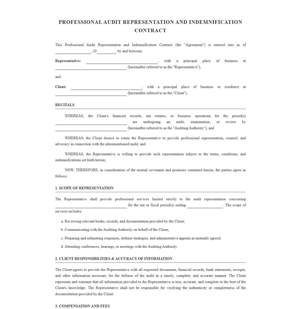 Professional Audit Representation and Indemnification Contract